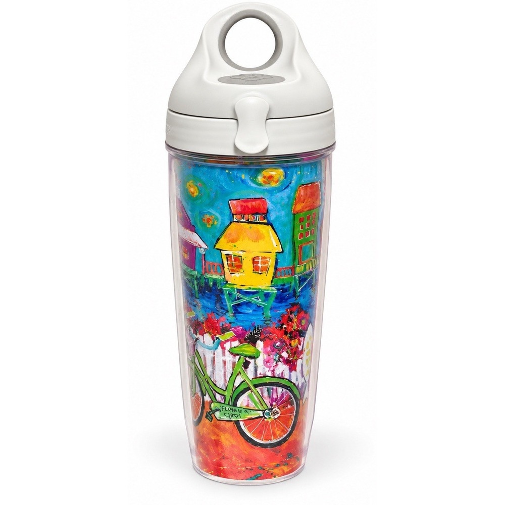 Tervis Edna Longrove 24 oz Tumbler Coastal Bicycle Art White Flip Lid 700mL